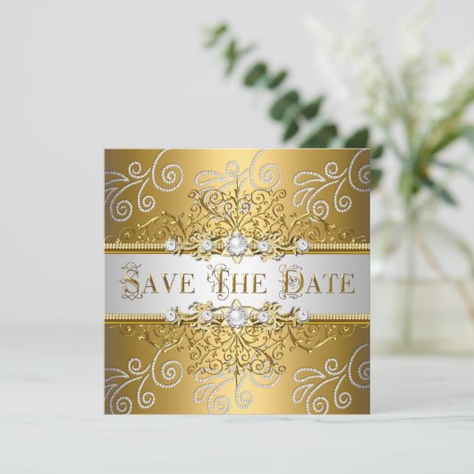 Sparen de Datum Elegant Gold Silver Lace Diamond Save The Date (Staand voorkant)