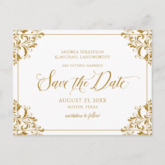  sparen de Datum Elegant Gold Wedding Aankondigingskaart (Voorkant)