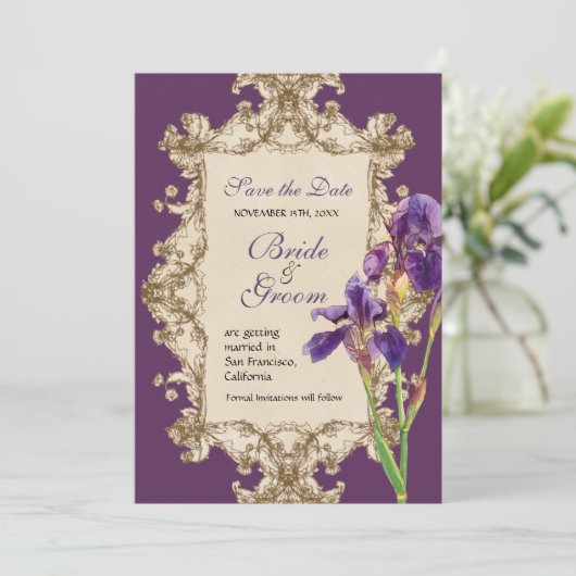 Sparen de Datum - Elegant Iris Monogram Uitnodigin Save The Date (Staand voorkant)