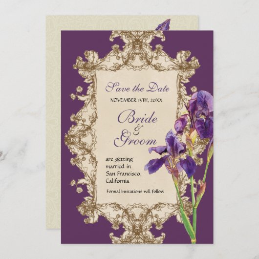 Sparen de Datum - Elegant Iris Monogram Uitnodigin Save The Date (Voorkant / Achterkant)