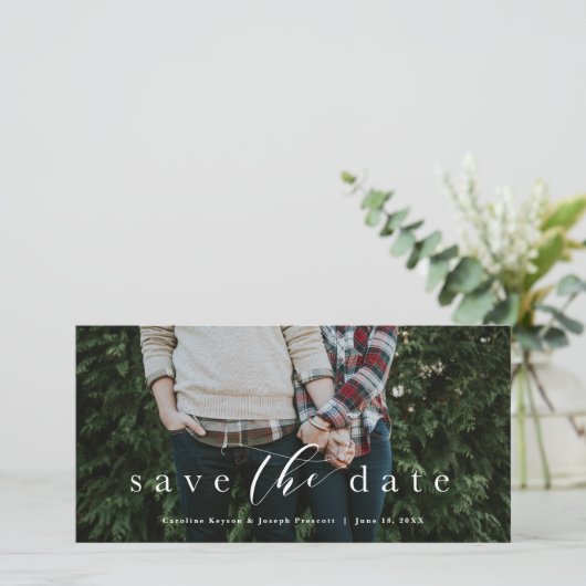 Sparen de datum elegant manuscript horizontale fot save the date (Staand voorkant)