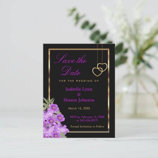 Sparen de Datum - Elegant Paars Bloedweddenschap Aankondigingskaart (Staand voorkant)