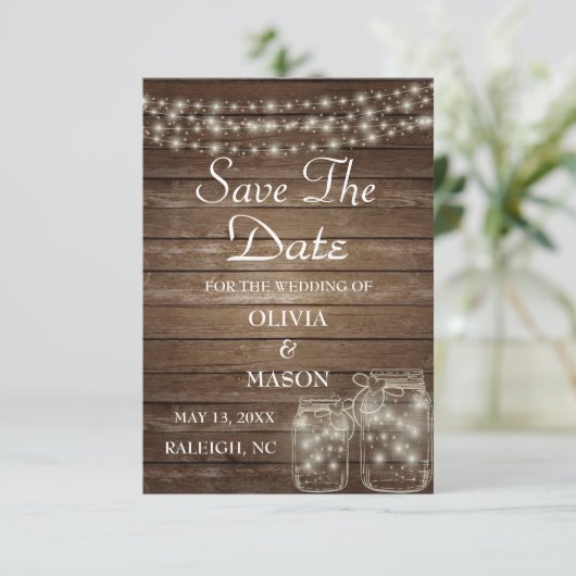 Sparen de Datum Elegant Rustic Mason Jar Lichten Save The Date (Staand voorkant)