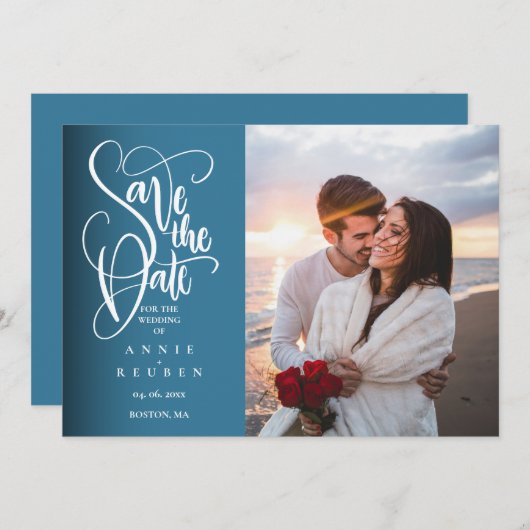 Sparen de Datum Elegant Witte Manuscript Moderne F Kaart (Voorkant / Achterkant)