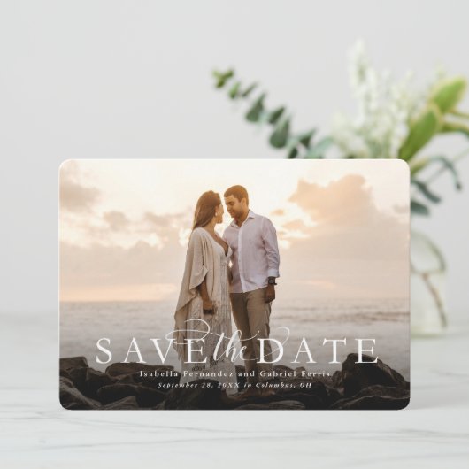Sparen de datum elegante horizontale fotokaart save the date (Staand voorkant)