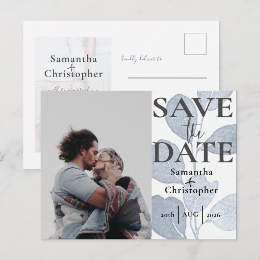 Sparen de Datum Eucalyptus Dusty Blauwe Fotobruilo Aankondigingskaart (Voorkant / Achterkant)