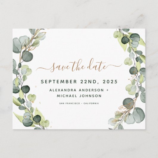 Sparen de Datum Eucalyptus Greenery Succulent Aankondigingskaart (Voorkant)