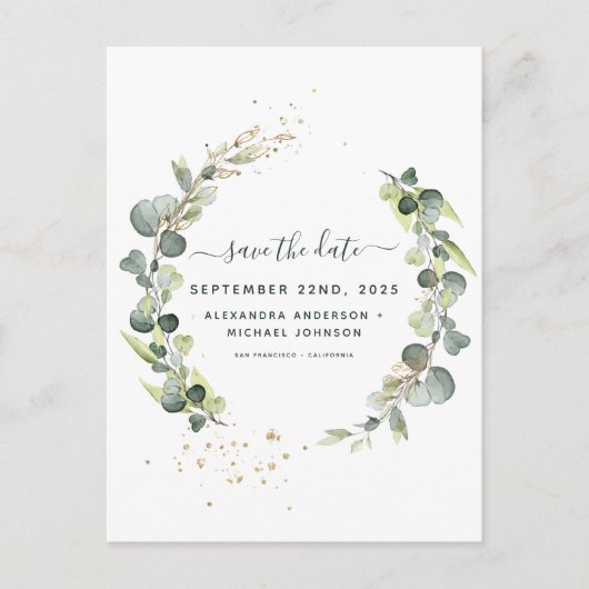 Sparen de Datum Eucalyptus Greenery Succulent Aankondigingskaart (Voorkant)