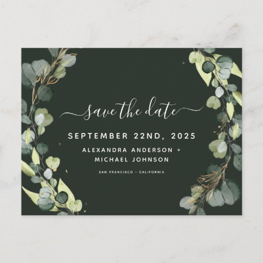 Sparen de Datum Eucalyptus Greenery Succulent Aankondigingskaart (Voorkant)