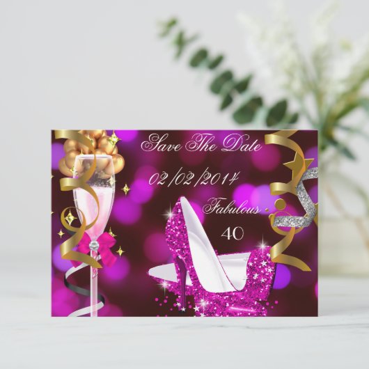 Sparen de Datum Fabulous 40 Hete Roze Gouden Bubbl Save The Date (Staand voorkant)