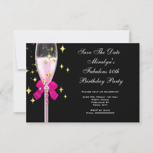 Sparen de Datum Fabulous 40 Hete Roze Gouden Bubbl Save The Date (Achterkant)