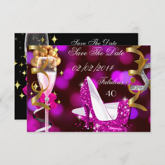 Sparen de Datum Fabulous 40 Hete Roze Gouden Bubbl Save The Date (Voorkant / Achterkant)