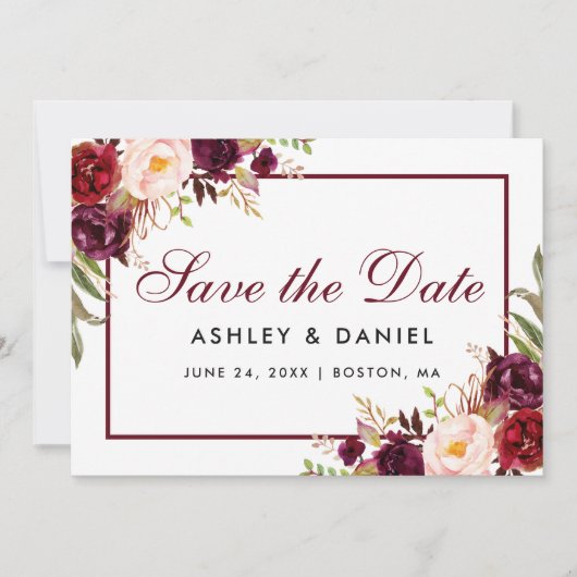Sparen de Datum Floral Burgundy BB Save The Date (Voorkant)