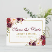 Sparen de Datum Floral Burgundy Gold BB Save The Date (Staand voorkant)