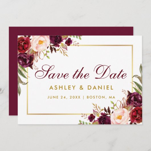 Sparen de Datum Floral Burgundy Gold BB Save The Date (Voorkant / Achterkant)