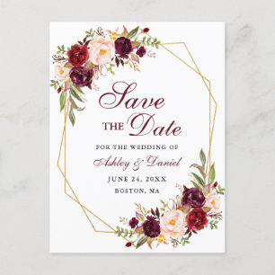 Sparen de Datum Floral Burgundy Gold Lijst Aankondigingskaart