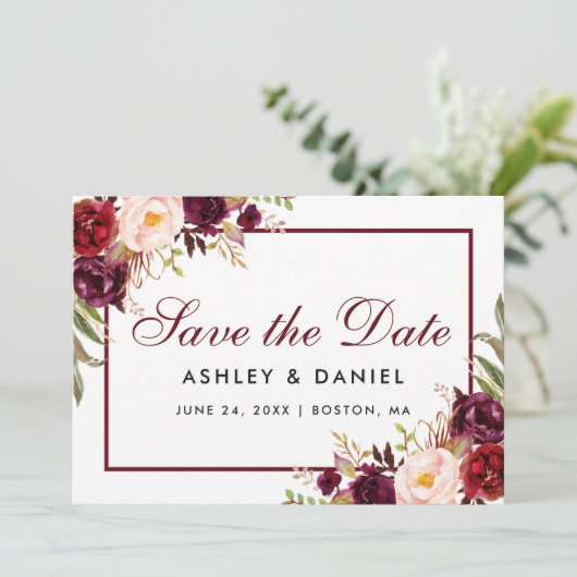 Sparen de Datum Floral Burgundy Save The Date (Staand voorkant)