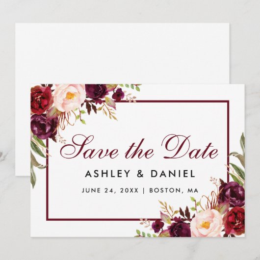 Sparen de Datum Floral Burgundy Save The Date (Voorkant / Achterkant)