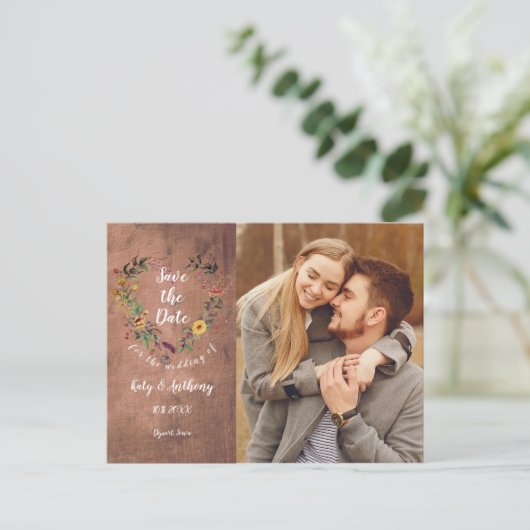 Sparen de Datum Floral Heart Rustic Foto van het H Briefkaart (Staand voorkant)