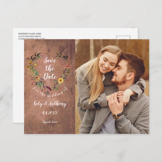 Sparen de Datum Floral Heart Rustic Foto van het H Briefkaart (Voorkant / Achterkant)