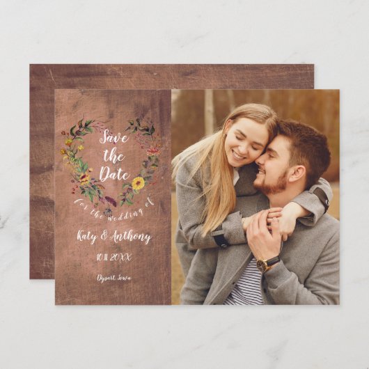 Sparen de Datum Floral Heart Rustic Foto van het H Briefkaart (Voorkant / Achterkant)