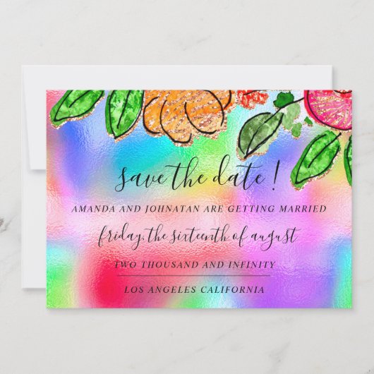 Sparen de Datum Floral Roos Glitter Holografieblau Save The Date (Voorkant)