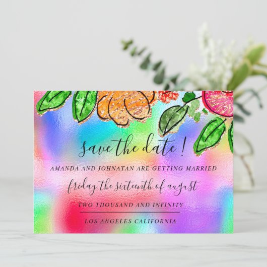Sparen de Datum Floral Roos Glitter Holografieblau Save The Date (Staand voorkant)