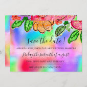 Sparen de Datum Floral Roos Glitter Holografieblau Save The Date (Voorkant / Achterkant)