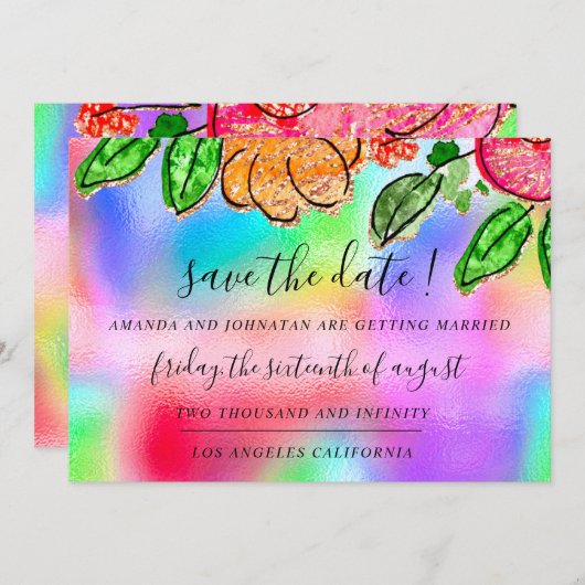 Sparen de Datum Floral Roos Glitter Holografieblau Save The Date (Voorkant / Achterkant)