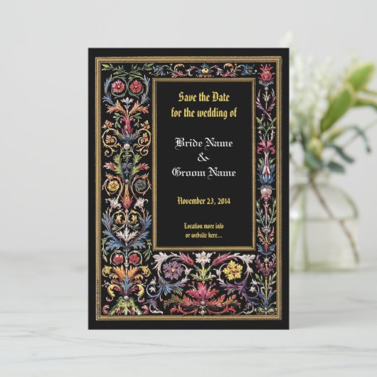 Sparen de Datum Floral Verlichte Medieval Editable Aankondiging (Staand voorkant)