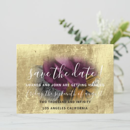 Sparen de Datum Floral Wreate Paars Gold Save The Date (Staand voorkant)