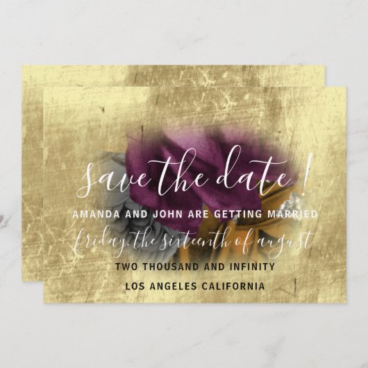 Sparen de Datum Floral Wreate Paars Gold Save The Date (Voorkant / Achterkant)