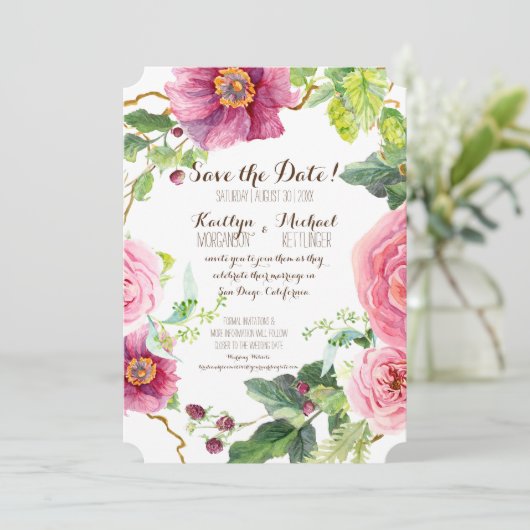 Sparen de Datum Floral Wreath Waterverf Rozen Peon Save The Date (Staand voorkant)