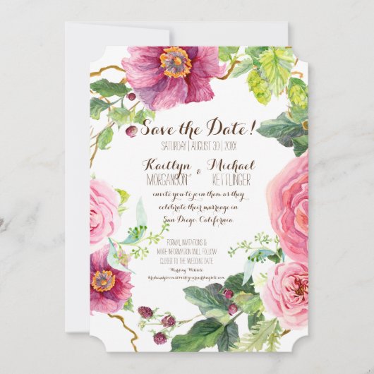 Sparen de Datum Floral Wreath Waterverf Rozen Peon Save The Date (Voorkant)