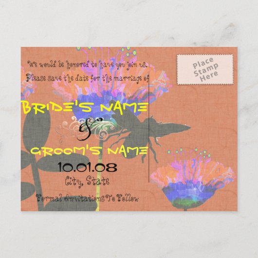 Sparen de Datum Folksy Folk Art Wildflower Aankondigingskaart (Achterkant)