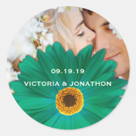 Sparen de Datum Foto Emerald Gerber Daisy Wedding Ronde Sticker