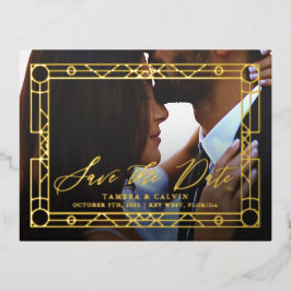 Sparen de Datum Foto en het Gouden Decoratieve Lij Folie Uitnodiging Briefkaart