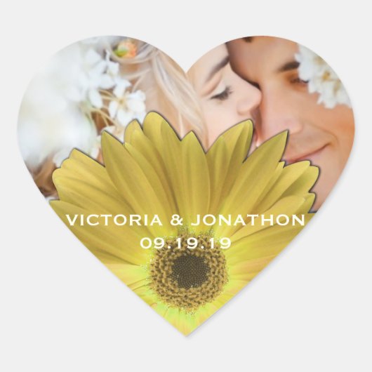 Sparen de Datum Foto Geel Gerber Daisy Wedding Hart Sticker (Voorkant)
