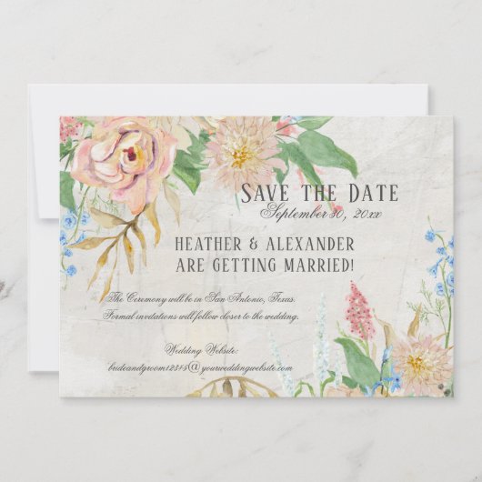Sparen de Datum Foto Waterverf Boho Floral Marble Kaart (Voorkant)