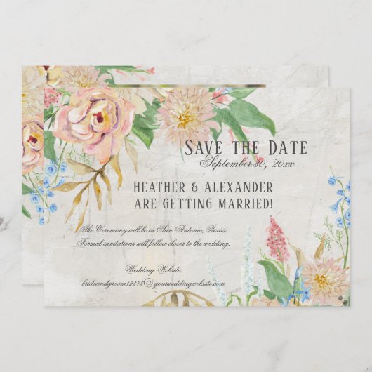 Sparen de Datum Foto Waterverf Boho Floral Marble Kaart (Voorkant / Achterkant)