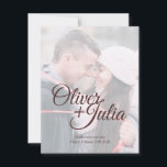 Sparen de Datum *Frosted Glass* Kaart<br><div class="desc">Een aanraking van witte vorst bedekt uw foto onder prachtig type voor uw namen en klassieke typografie voor uw datum en plaats. Modern en lief,  dit sparen de datum zal een warme en mooie toon zetten voor je grote dag.</div>