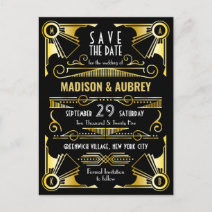 Sparen de Datum Gatsby Wedding Art Deco Gold Black Aankondigingskaart