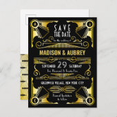 Sparen de Datum Gatsby Wedding Art Deco Gold Black Aankondigingskaart (Voorkant / Achterkant)