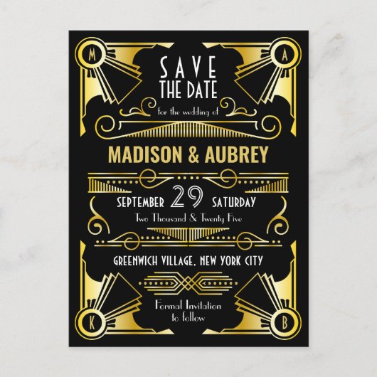 Sparen de Datum Gatsby Wedding Art Deco Gold Black Aankondigingskaart (Voorkant)
