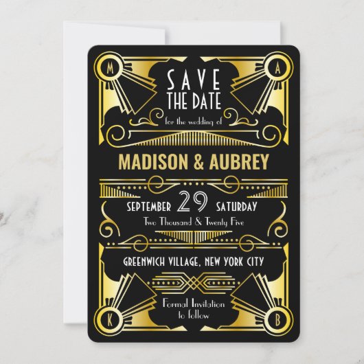 Sparen de Datum Gatsby Wedding Art Deco Gold Black Kaart (Voorkant)