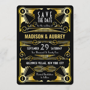 Sparen de Datum Gatsby Wedding Art Deco Gold Black Kaart