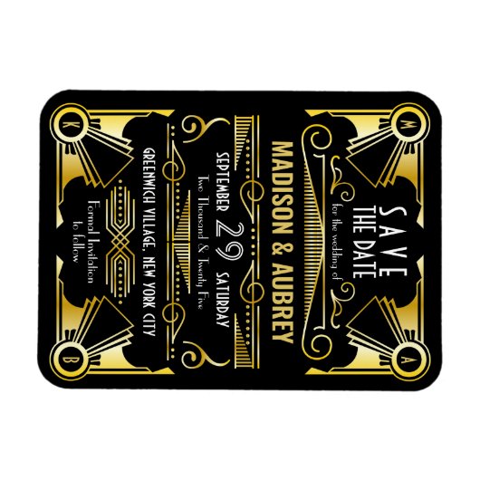 Sparen de Datum Gatsby Wedding Art Deco Gold Black Magneet (Horizontaal)