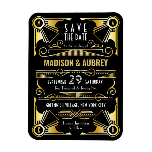 Sparen de Datum Gatsby Wedding Art Deco Gold Black Magneet (Verticaal)