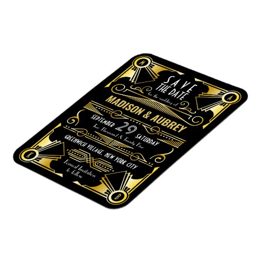 Sparen de Datum Gatsby Wedding Art Deco Gold Black Magneet (Linkerzijde)