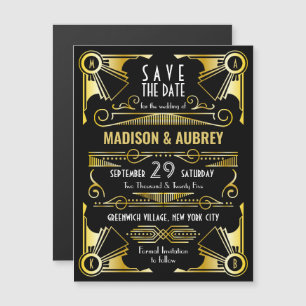 Sparen de Datum Gatsby Wedding Art Deco Gold Black Magnetische Uitnodiging